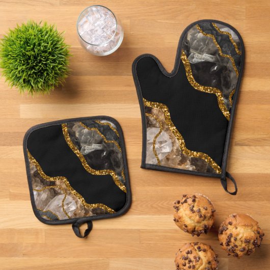 Zwart-goudgrijs Glitter Ovenwant & Pannenlap Set (Top down)