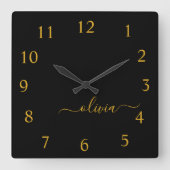 Zwart-goudhandschrift meisjesnaam vierkante klok (Voorkant)