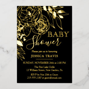 Zwart-goudhoudend Floral Baby shower Folie Uitnodiging
