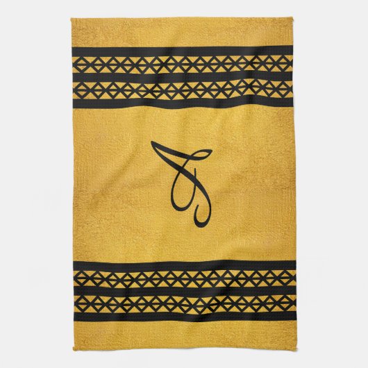 Zwart goudkleurenmonogram en diamantontwerp theedoek (Verticaal)