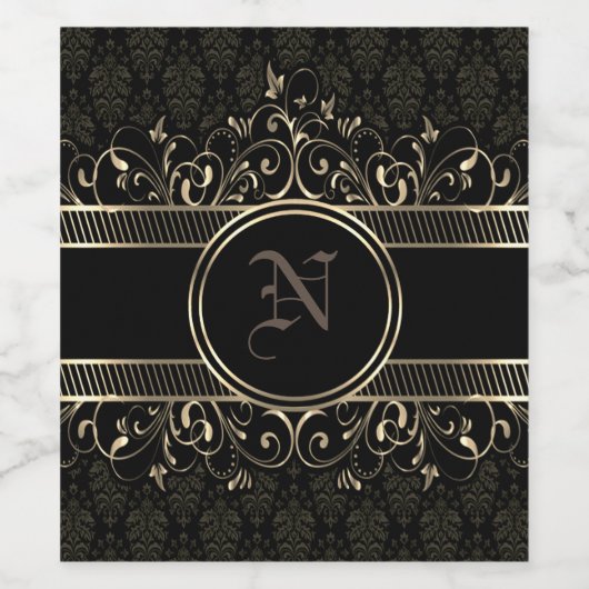 Zwart & goudkleurig  gotisch monogrammofoonetiket wijn etiket (Enkel label)
