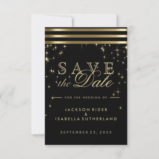 Zwart & goudlampen met balken save the date (Voorkant)