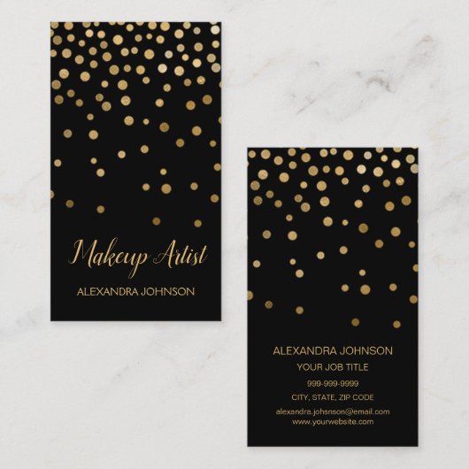 Zwart-goudlegant Confetti Makeup Artiest Visitekaartje (Voorkant / Achterkant)