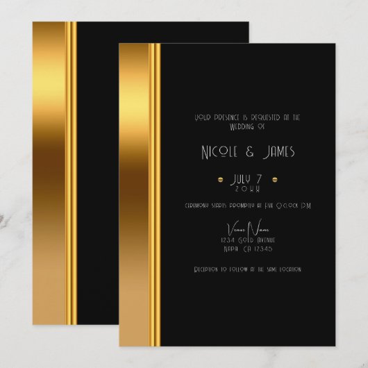 Zwart-goudlegant koninklijk huwelijk kaart (Voorkant / Achterkant)