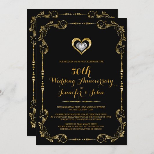 Zwart/goudLijst, Heart Silver Jubileum Kaart (Voorkant / Achterkant)