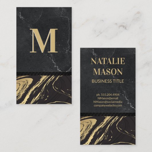 zwart goudmarmer | Gegraveerd monogram | Lei Grijs Visitekaartje (Voorkant / Achterkant)