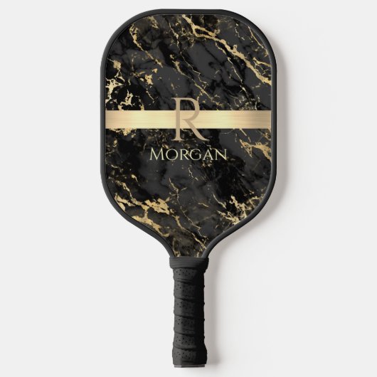 Zwart & goudmarmer, Gold Bar, naam en monogram Pickleball Paddle (Voorkant)