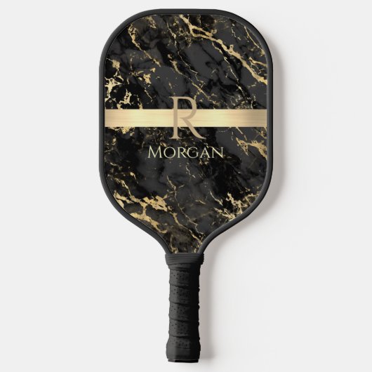 Zwart & goudmarmer, Gold Bar, naam en monogram Pickleball Paddle (Achterkant)