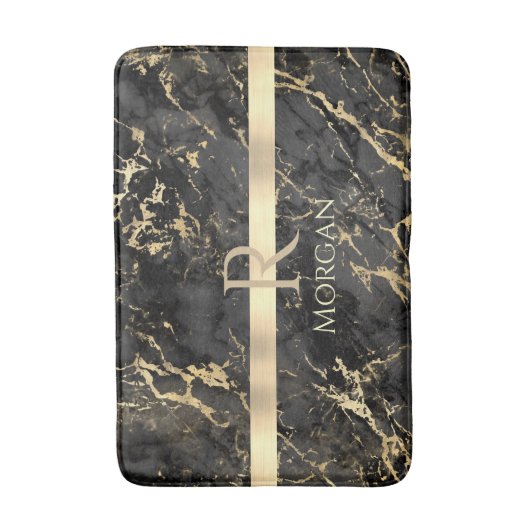 Zwart-goudmarmer, goudbalk, DIY-naam en monogram Badmat (Voorkant Verticaal)
