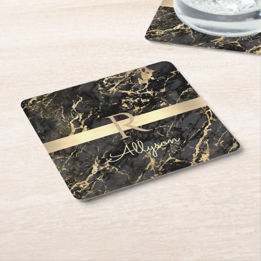 Zwart-goudmarmer, goudbalk, DIY-naam en monogram Kartonnen Onderzetters (Schuin)