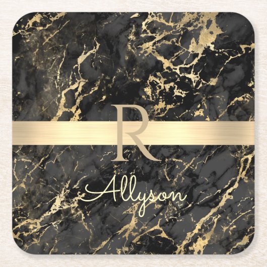 Zwart-goudmarmer, goudbalk, DIY-naam en monogram Kartonnen Onderzetters (Voorkant)