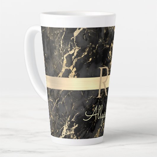 Zwart-goudmarmer, goudbalk, DIY-naam en monogram Latte Mok (Linkerhoek)