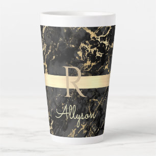 Zwart-goudmarmer, goudbalk, DIY-naam en monogram Latte Mok
