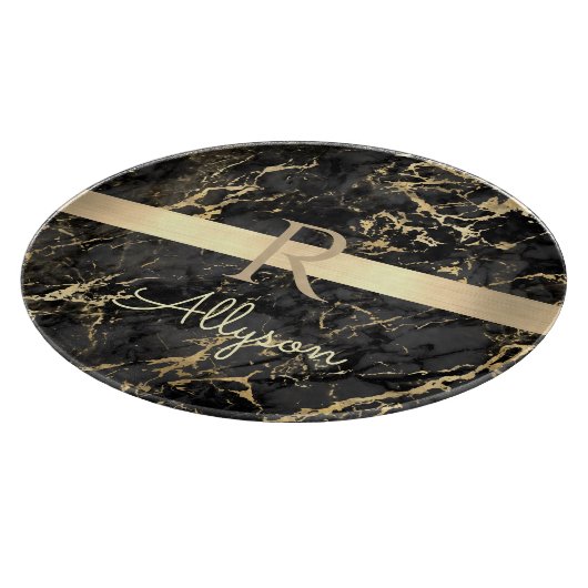 Zwart-goudmarmer, goudbalk, DIY-naam en monogram Snijplank (Hoek)