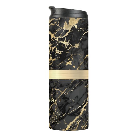 Zwart-goudmarmer, goudbalk, DIY-naam en monogram Thermosbeker (Geroteerd rechts)