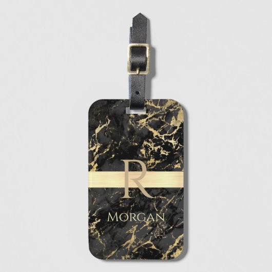Zwart/goudmarmer, goudbalk, DIY-naam/Monogram Vs2 Bagagelabel (Voorkant (verticaal))
