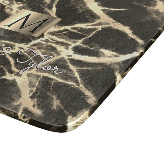 Zwart & goudmarmer, gouddoos, naam en monogram snijplank (Hoek)