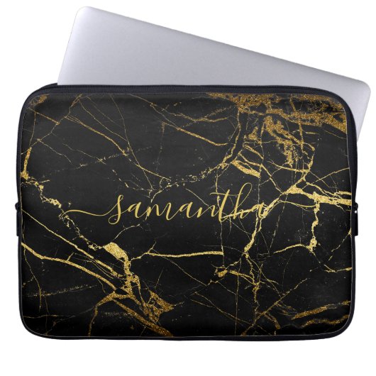 Zwart goudmarmer laptop sleeve (Voorkant)