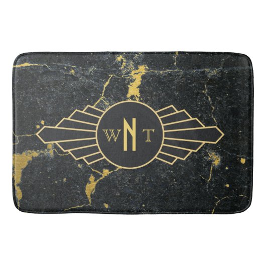 Zwart goudmarmer met drie Letter-monogram Art Deco Badmat (Voorkant)