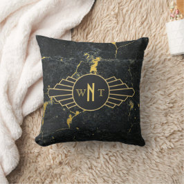 Zwart goudmarmer met drie Letter-monogram Art Deco Kussen