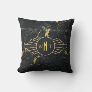 Zwart goudmarmer met drie Letter-monogram Art Deco Kussen