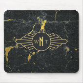 Zwart goudmarmer met drie Letter-monogram Art Deco Muismat (Voorkant)