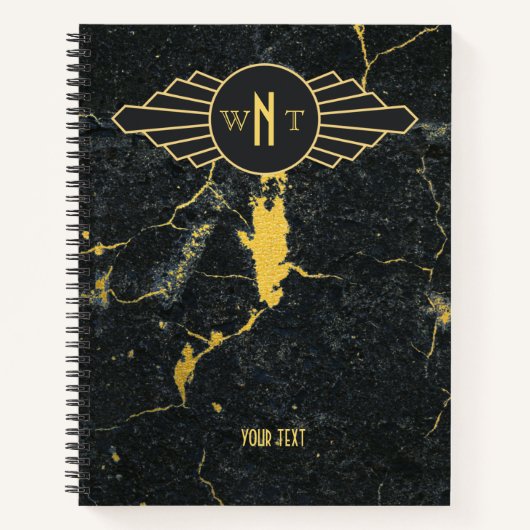 Zwart goudmarmer met drie Letter-monogram Art Deco Notitieboek (Voorkant)