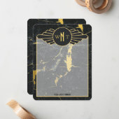 Zwart goudmarmer met drie Letter-monogram Art Deco Notitiekaartje (Voorkant / Achterkant in situ)