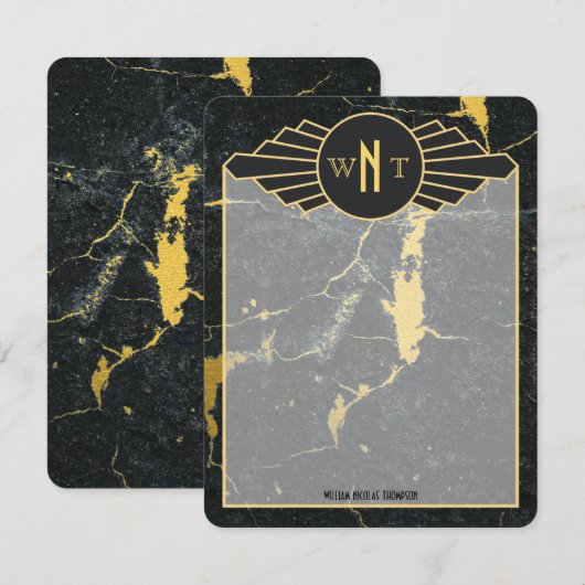 Zwart goudmarmer met drie Letter-monogram Art Deco Notitiekaartje (Voorkant / Achterkant)