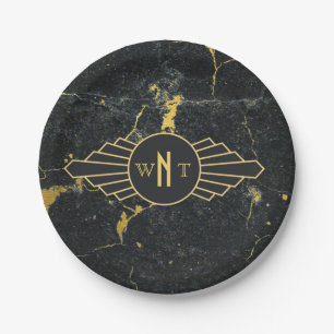 Zwart goudmarmer met drie Letter-monogram Art Deco Papieren Bordje
