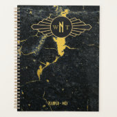 Zwart goudmarmer met drie Letter-monogram Art Deco Planner (Voorkant)
