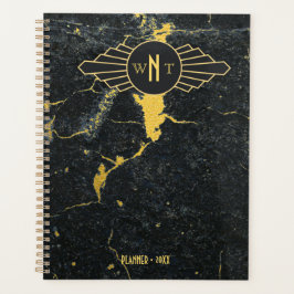 Zwart goudmarmer met drie Letter-monogram Art Deco Planner