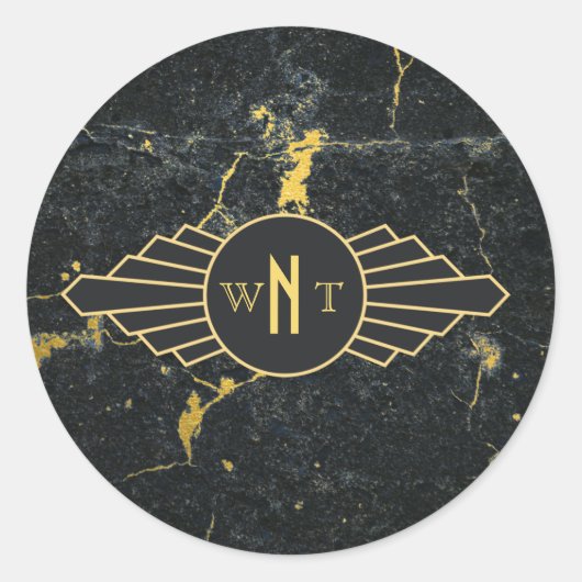 Zwart goudmarmer met drie Letter-monogram Art Deco Ronde Sticker (Voorkant)