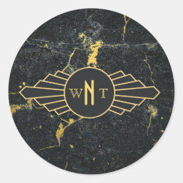 Zwart goudmarmer met drie Letter-monogram Art Deco Ronde Sticker