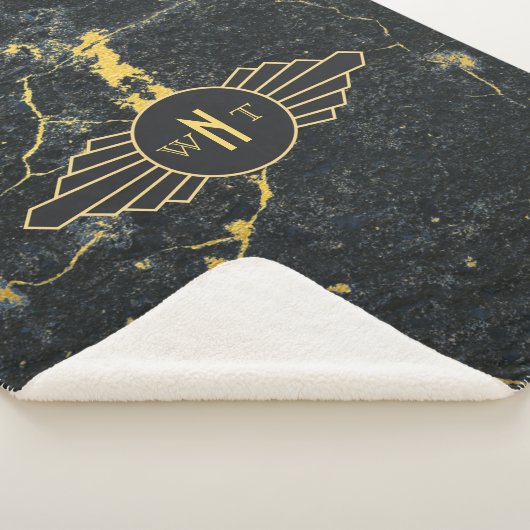 Zwart goudmarmer met drie Letter-monogram Art Deco Sherpa Deken (3/4)