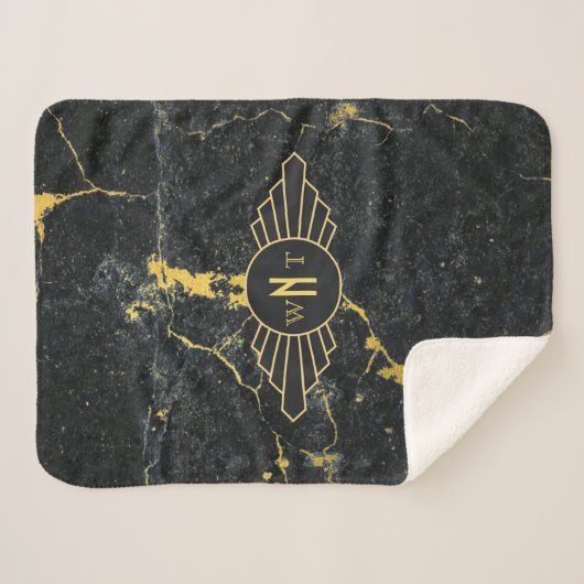 Zwart goudmarmer met drie Letter-monogram Art Deco Sherpa Deken (Voorkant (horizontaal))