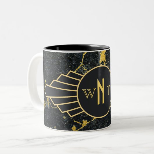 Zwart goudmarmer met drie Letter-monogram Art Deco Tweekleurige Koffiemok (Voorkant links)