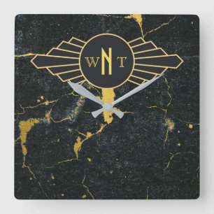 Zwart goudmarmer met drie Letter-monogram Art Deco Vierkante Klok