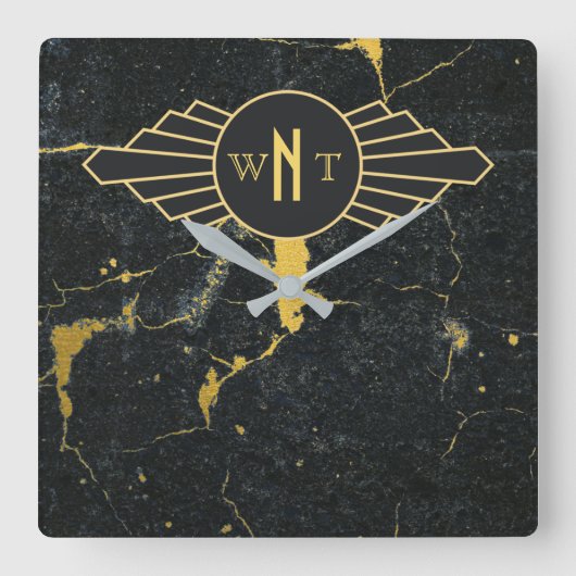 Zwart goudmarmer met drie Letter-monogram Art Deco Vierkante Klok (Voorkant)