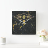 Zwart goudmarmer met drie Letter-monogram Art Deco Vierkante Klok (Huis)
