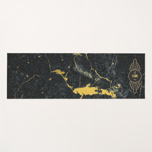 Zwart goudmarmer met drie Letter-monogram Art Deco Yogamat (Voorkant (horizontaal))