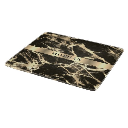 Zwart-goudmarmer, naam op goudband snijplank (Hoek)