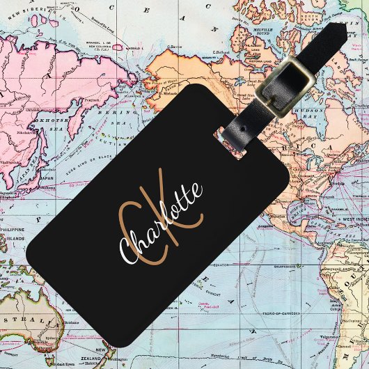 Zwart goudmonogram initiaal naam script elegant bagagelabel