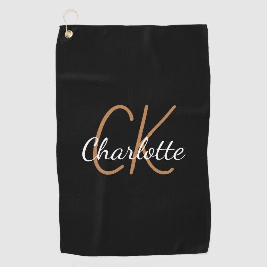 Zwart goudmonogram initialen naam minimalistisch golfhanddoek (Voorkant)