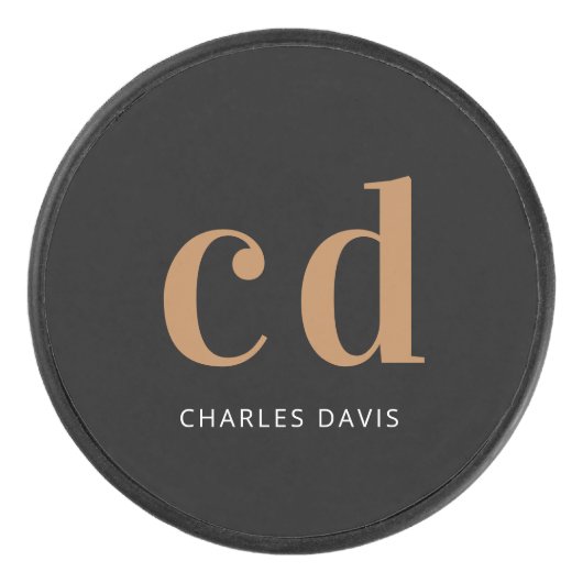 Zwart goudmonogram initialen naam minimalistisch hockey puck (Voorkant)