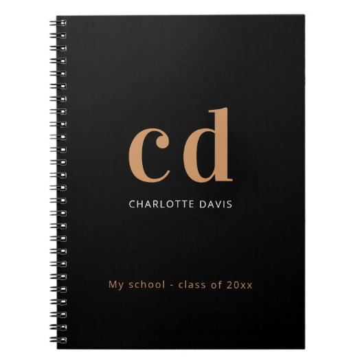 Zwart goudmonogram initialen naam minimalistisch notitieboek (Voorkant)