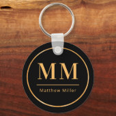 Zwart goudmonogram initialen naam minimalistisch sleutelhanger (Voorkant)