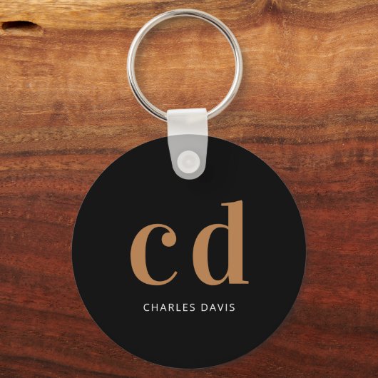 Zwart goudmonogram initialen naam minimalistisch sleutelhanger (Voorkant)