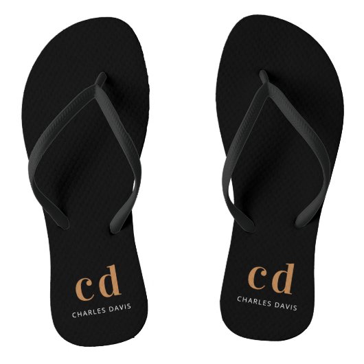 Zwart goudmonogram initialen naam minimalistisch teenslippers (Voetbed)