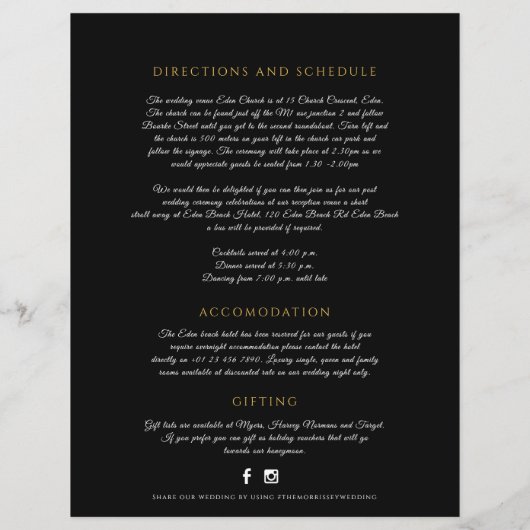 Zwart goudmonogram met bruidgastinfo (Achterkant)